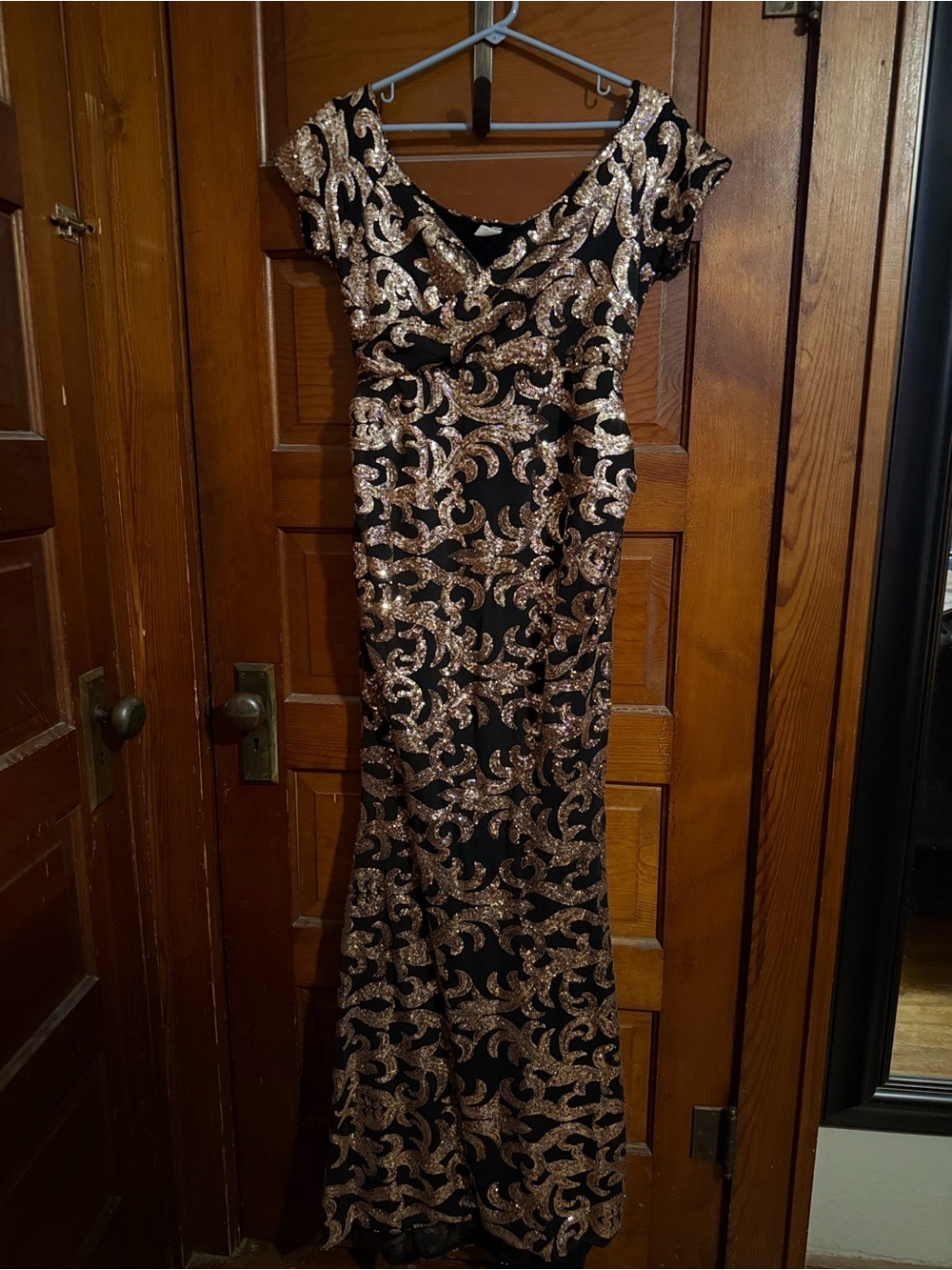 Pinkblush Maternity Black Maxi Dress with Gold Sequin Scrollwork Accents